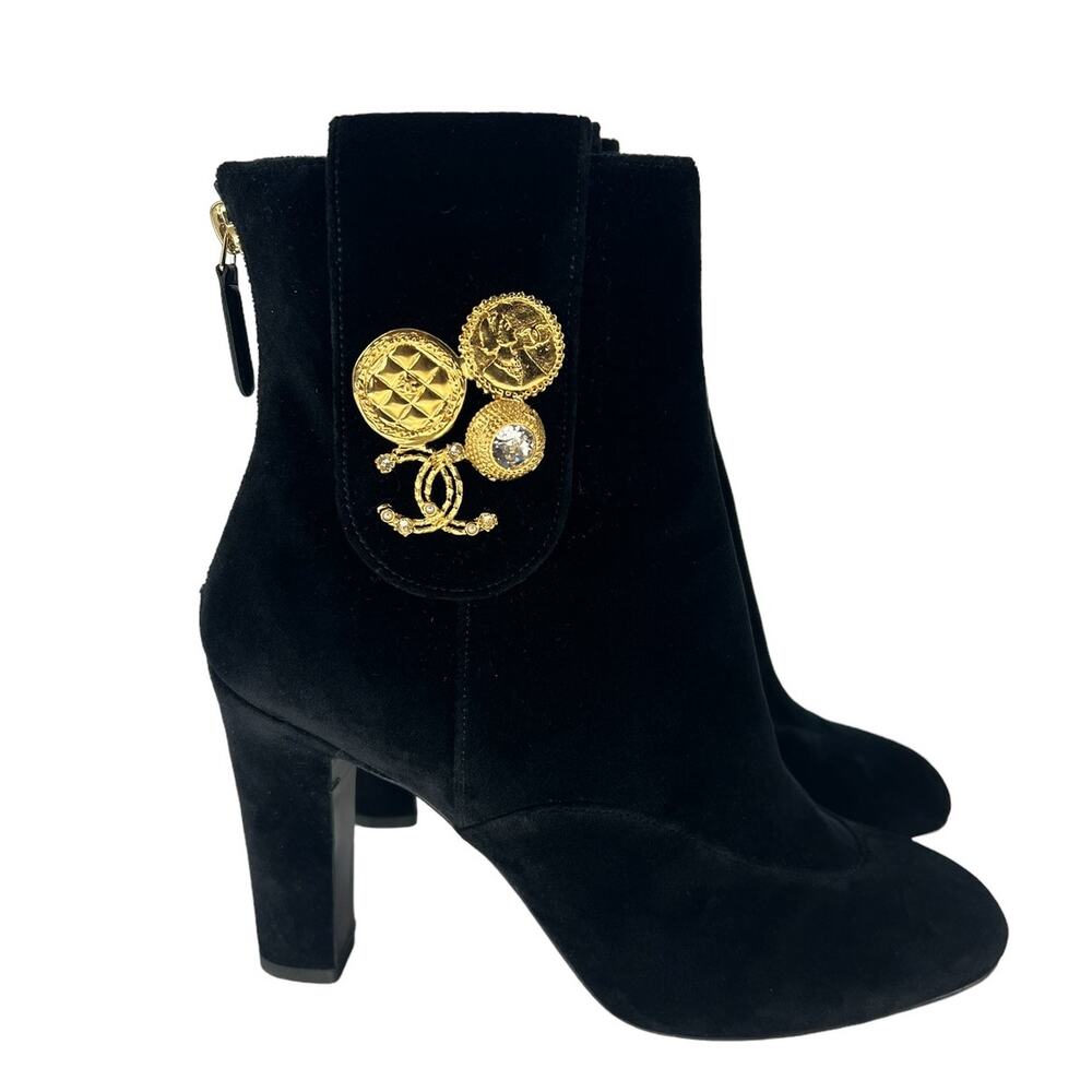 CHANEL Black Velvet Ankle Boots with Gold CC Medallion - Picture 5 of 16